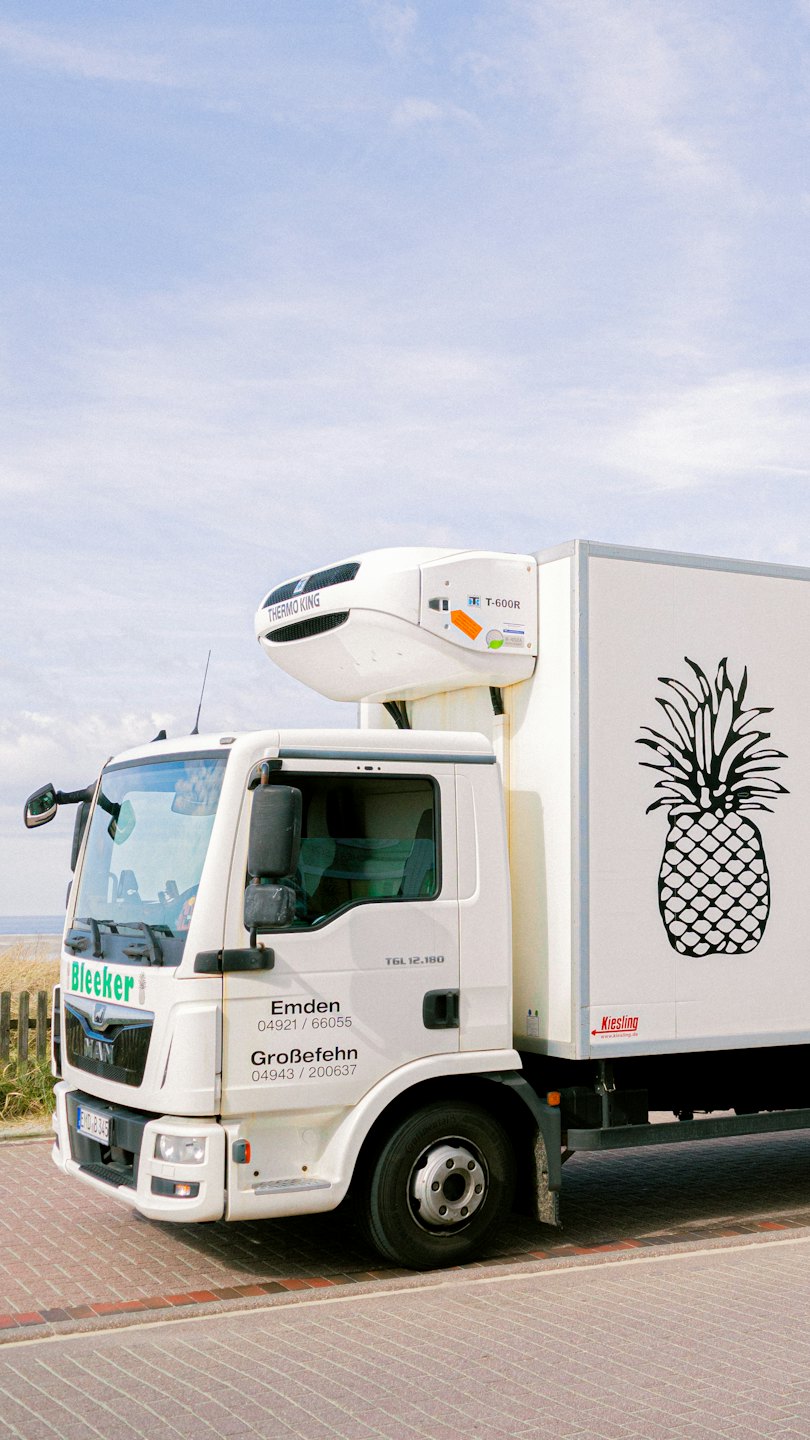 Branded delivery truck parked by the sea.